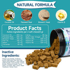 Two hundred count bottle of premium natural tick and flea remedy chewables for cats