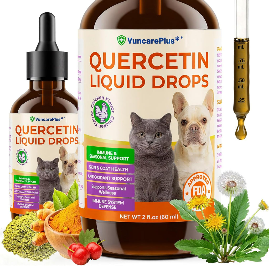 VOSIFSDIY Quercetin Drops for Dogs and Cats front view bottle with dropper showing chicken flavor label.