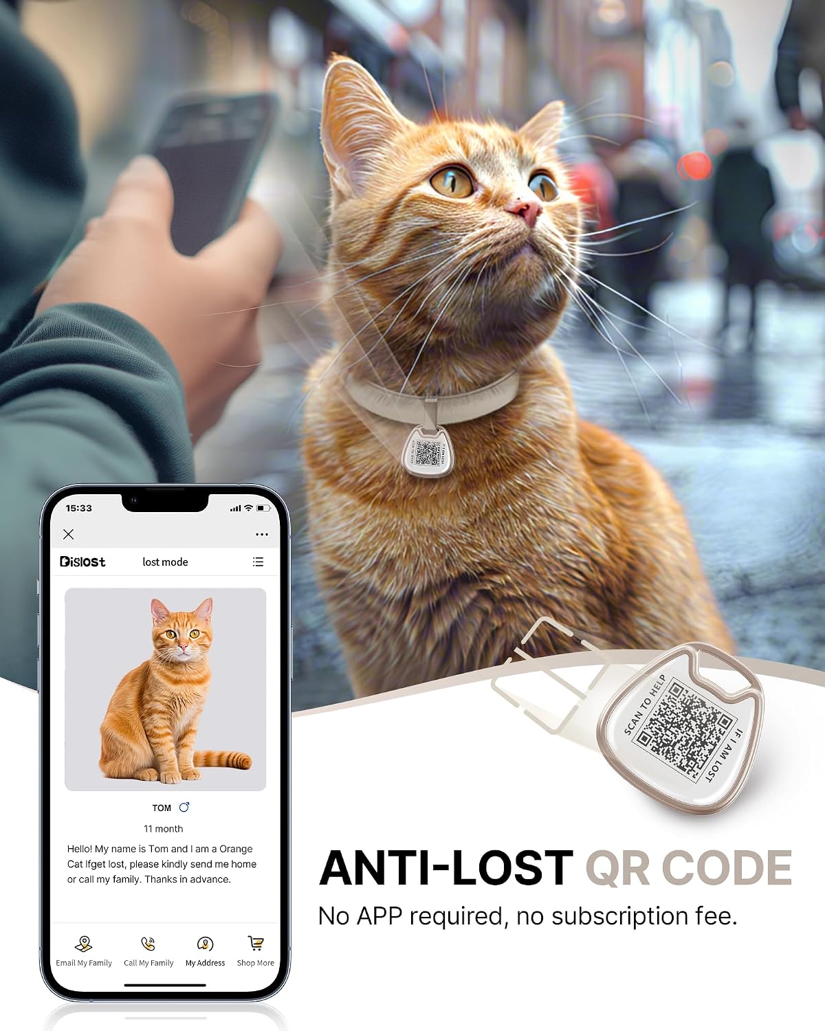 Typecase breakaway pet identification collar showcasing the smart scannable QR code tag