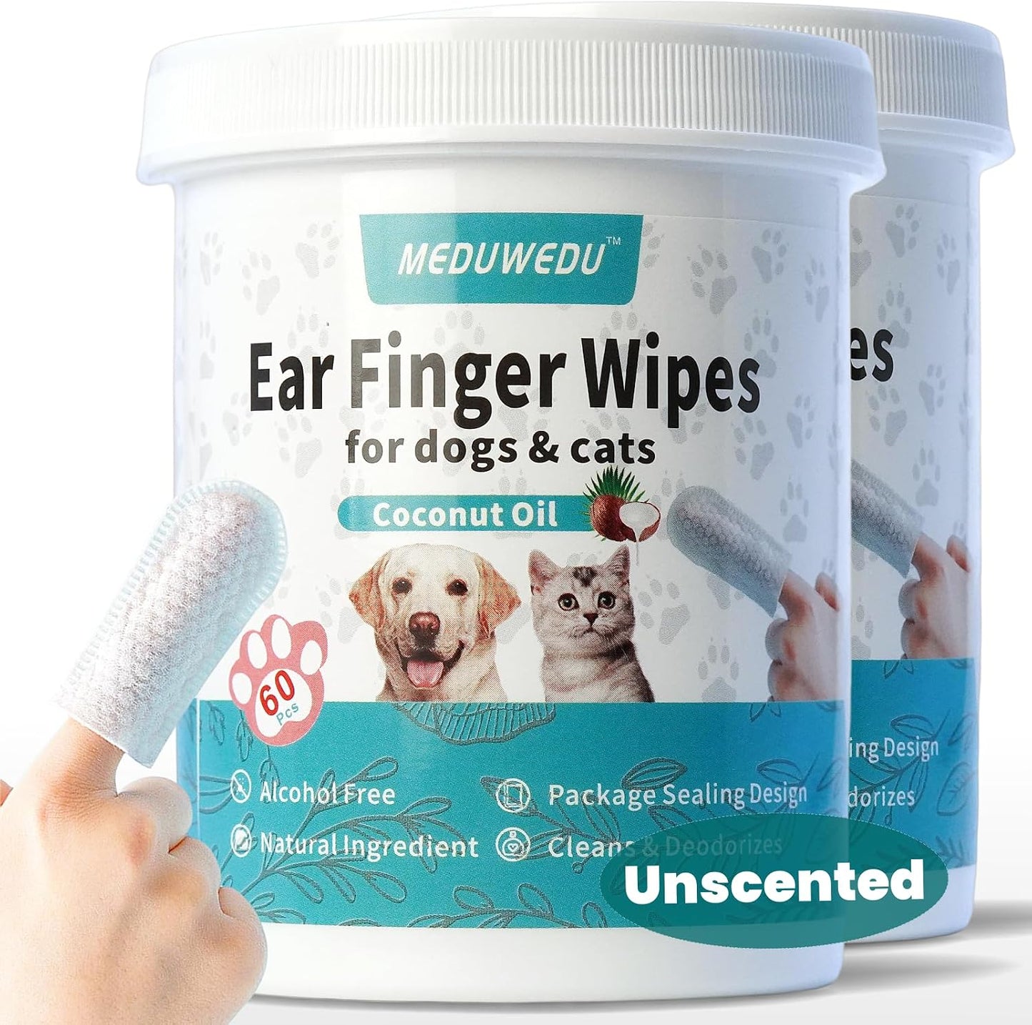 MEDUWEDU Ear Cleaner Finger Wipes 60 Counts, Dog Ear Cleaner, Grooming Kit Care for Dogs and Cats, Soft & Easy Otic Cleaning Pads, Remove Wax, Dirt & Stop Smelly, Itchy, Non-Irritating, Coconut Scent - Image 14