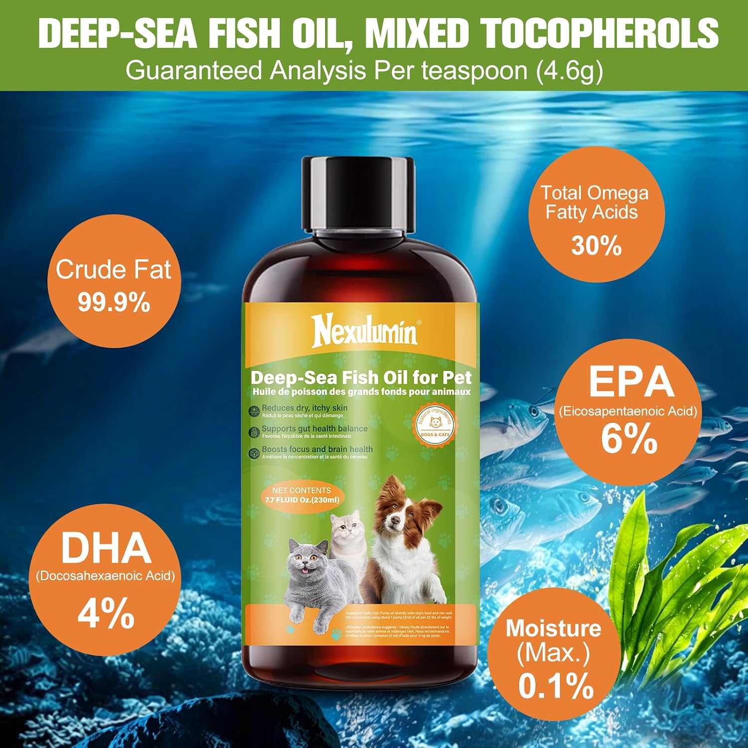 Nexulumin 230ml salmon oil bottle showing feeding instructions and nutritional benefits