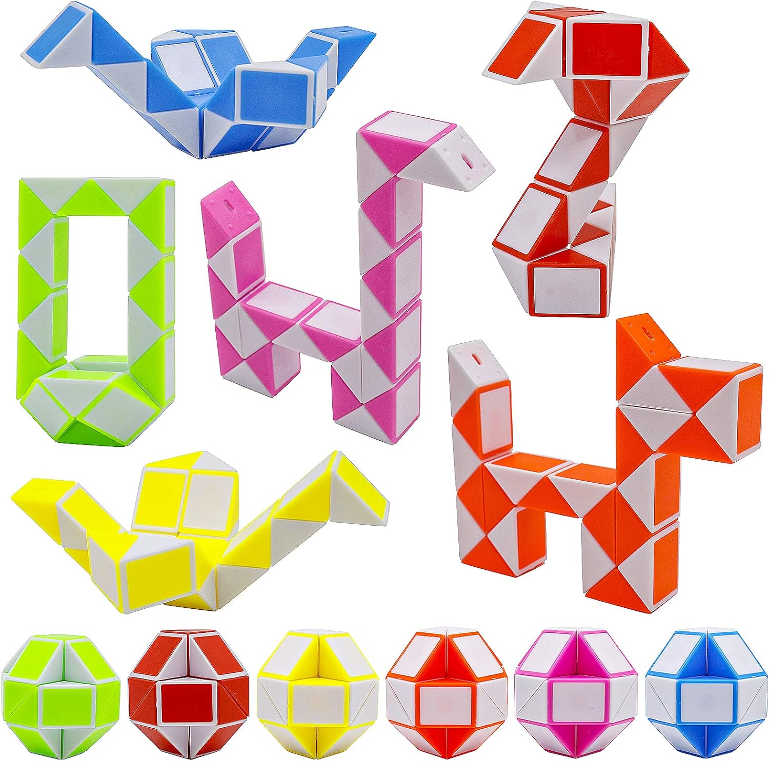 LENDOD mini fidget snake cube twelve pack arranged on a flat surface showing six different dual tone color variations.