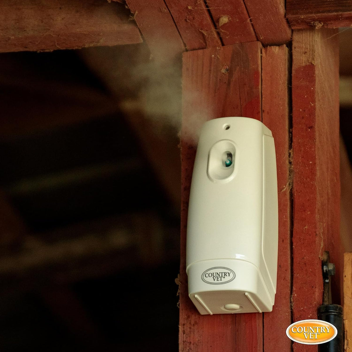 Back label view of Country Vet metered fly spray featuring detailed application guidelines for indoor barn use.