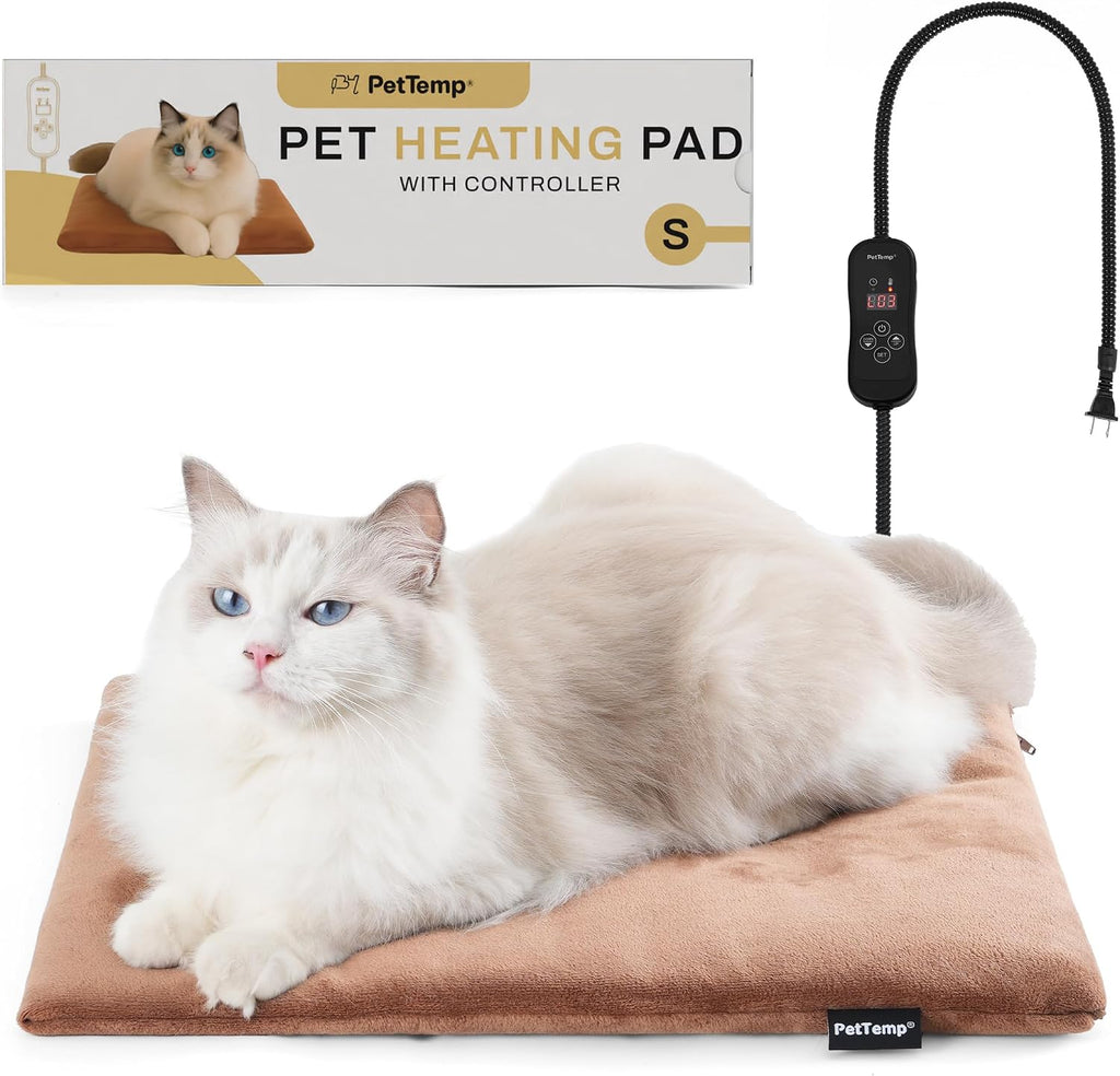 PetTemp pet heating pad front view showing brown plush cover and digital controller.