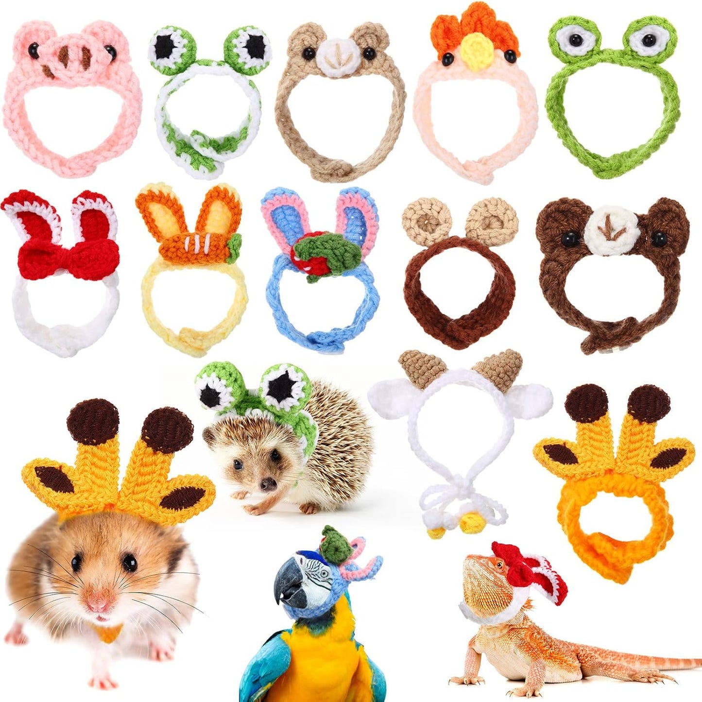 MiniInflat 12 Piece Hamster Hat front view showcasing multiple colorful hand-knitted cartoon designs for small pets.