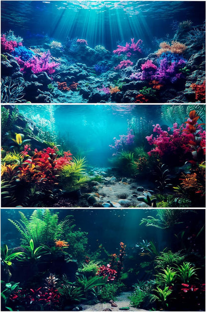 COMSUN 3 pack aquarium background front view displaying vibrant undersea coral reef scenery.