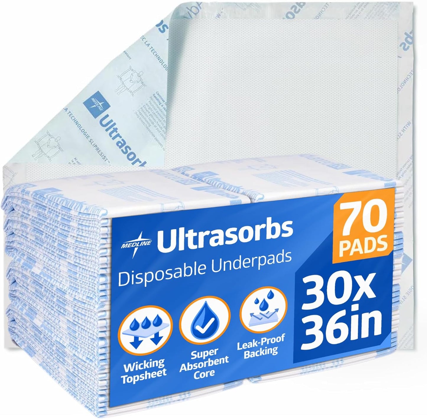Medline Advanced Ultrasorbs Drypads 70 count pack front view showing premium adult disposable underpads.