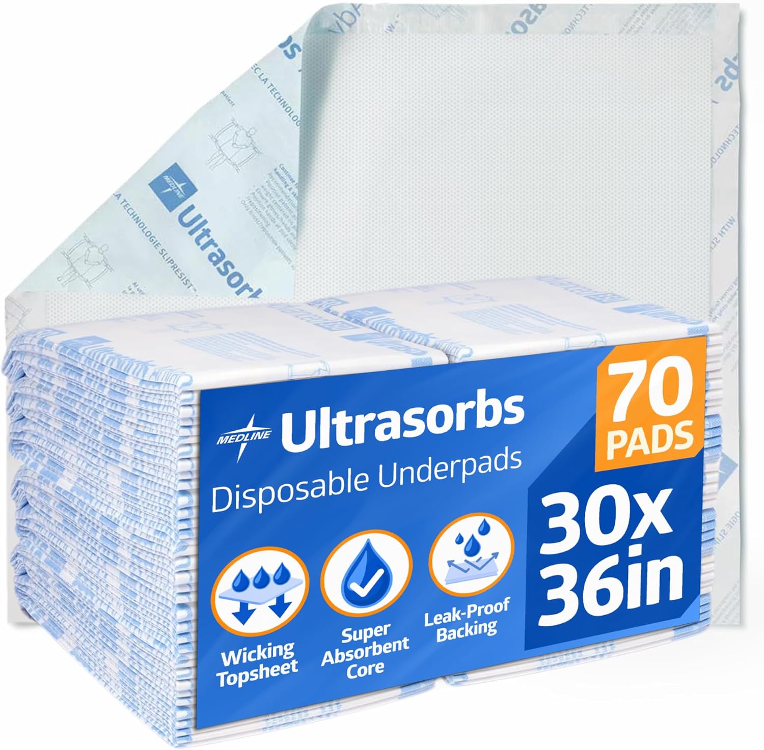 Medline Advanced Ultrasorbs Drypads 70 count pack front view showing premium adult disposable underpads.