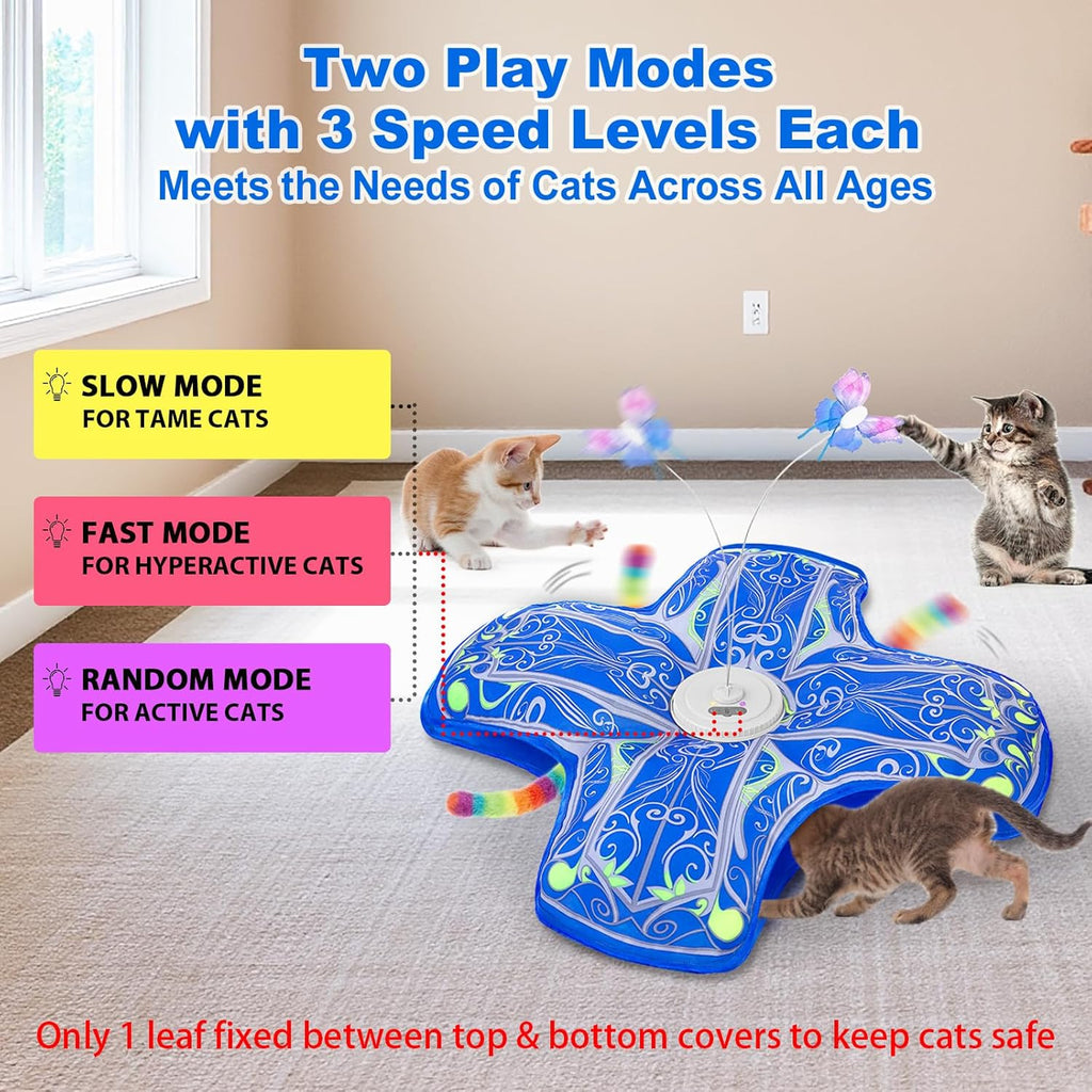 Qraxond automated pet toy packaging view showing the included replacement butterflies and plush wands.