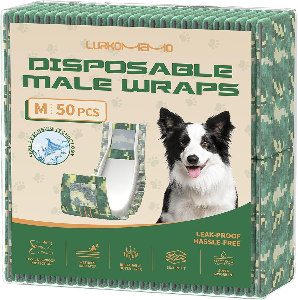 Instructional view demonstrating how to wrap and secure the diaper on a small male dog