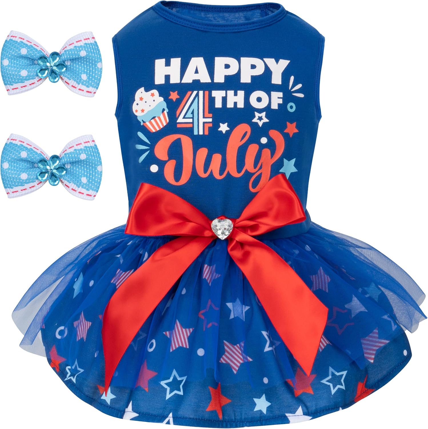 Cyeollo 4th of July dog dress front view featuring patriotic blue theme and holiday print.