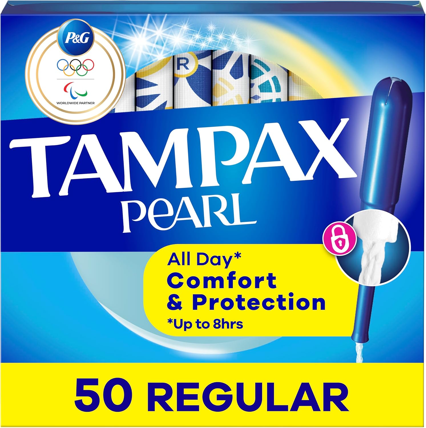 Tampax Pearl Regular Absorbency 50 Count box front view for menstrual protection.