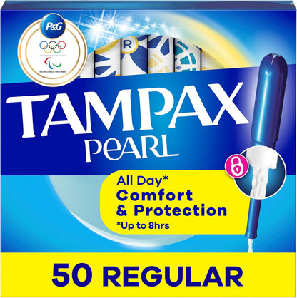 Tampax Pearl Regular Absorbency 50 Count box front view for menstrual protection.