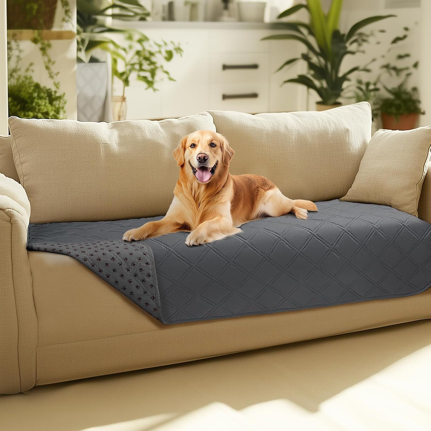 Luciphia waterproof pet couch cover blanket front view protecting a grey fabric sofa.