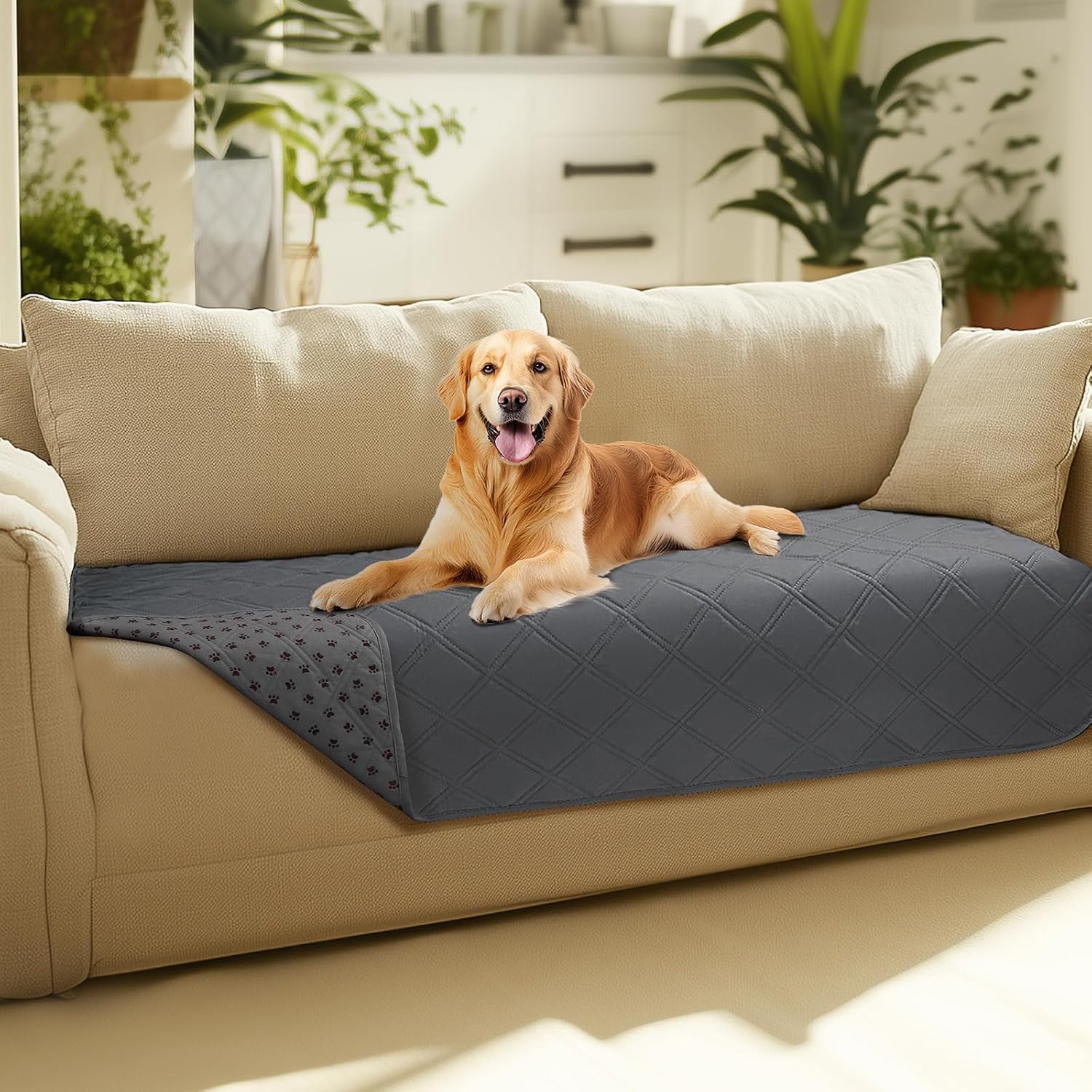Luciphia waterproof pet couch cover blanket front view protecting a grey fabric sofa.