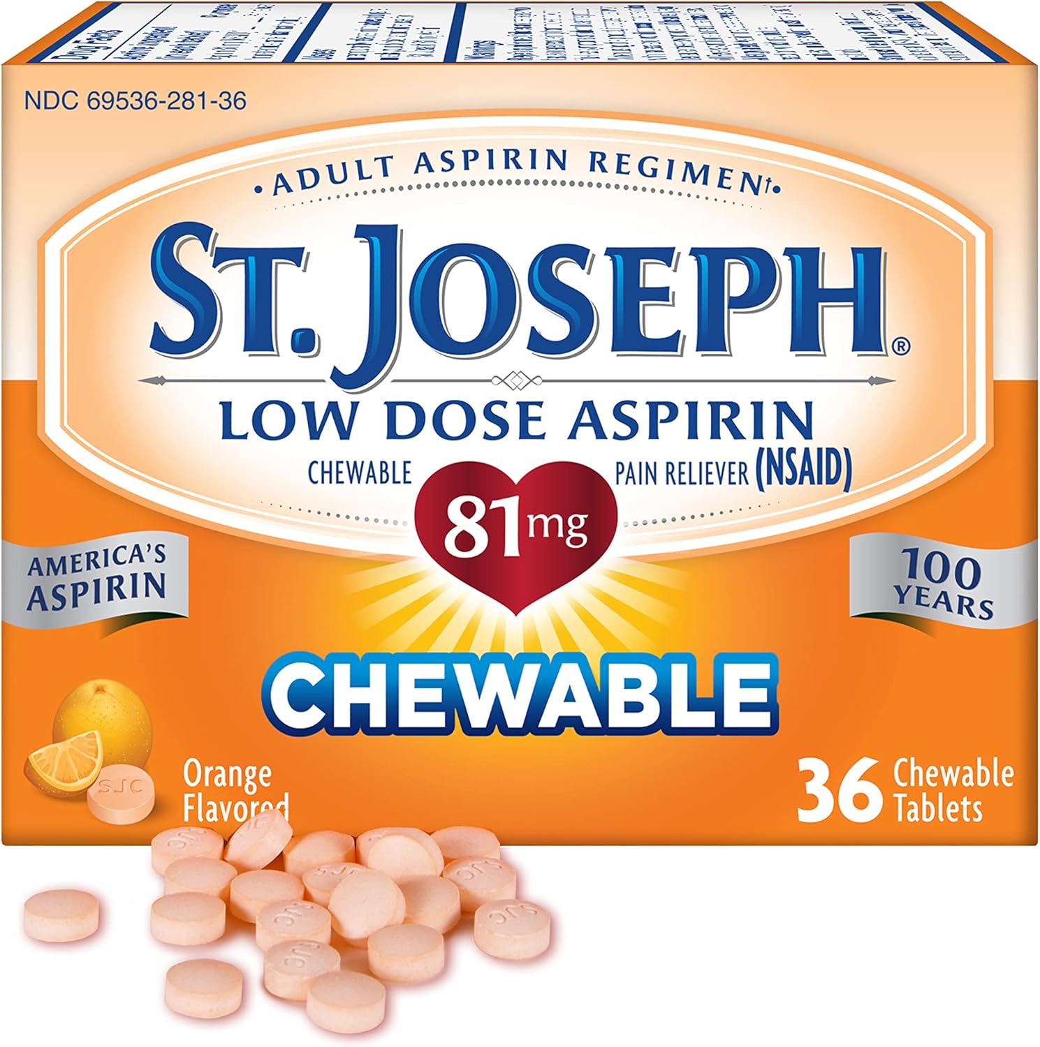 St. Joseph low dose aspirin 81mg chewable orange tablets front packaging