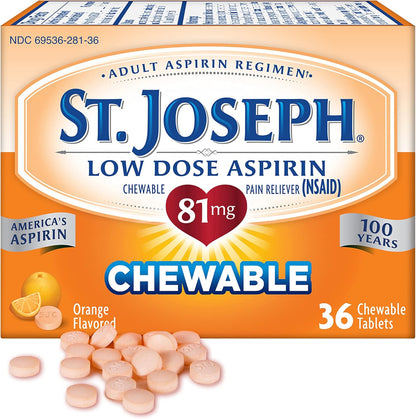 St. Joseph low dose aspirin 81mg chewable orange tablets front packaging