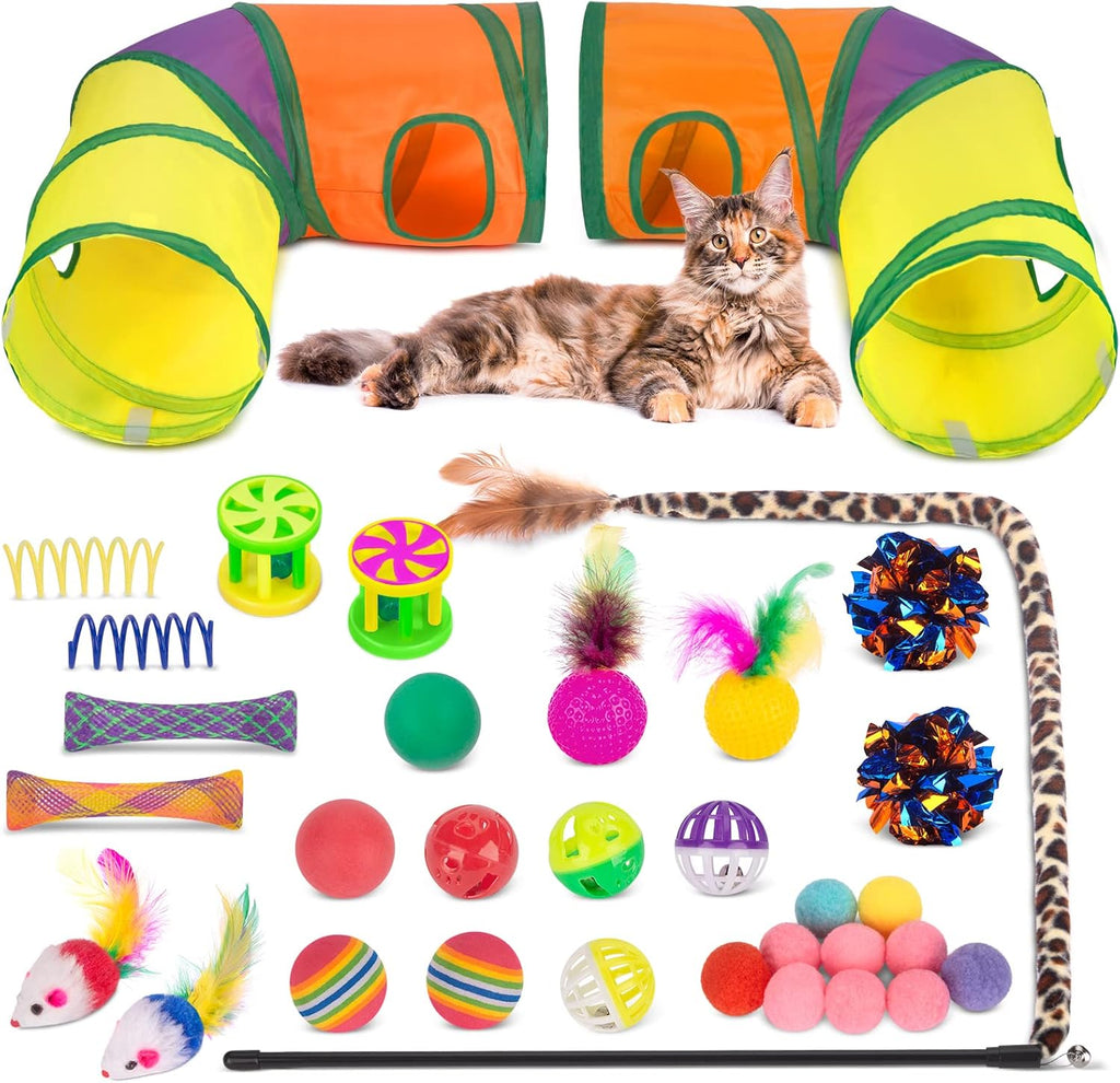 Retro Shaw 33 Pack Cat Toys for Indoor Cats, Collapsible Kitty Tunnel Tent with Feather Teaser Wand, Springs Balls Bell Mouse Interactive Kitten Hideaway Playhouse 15.7 Inches - Image 10