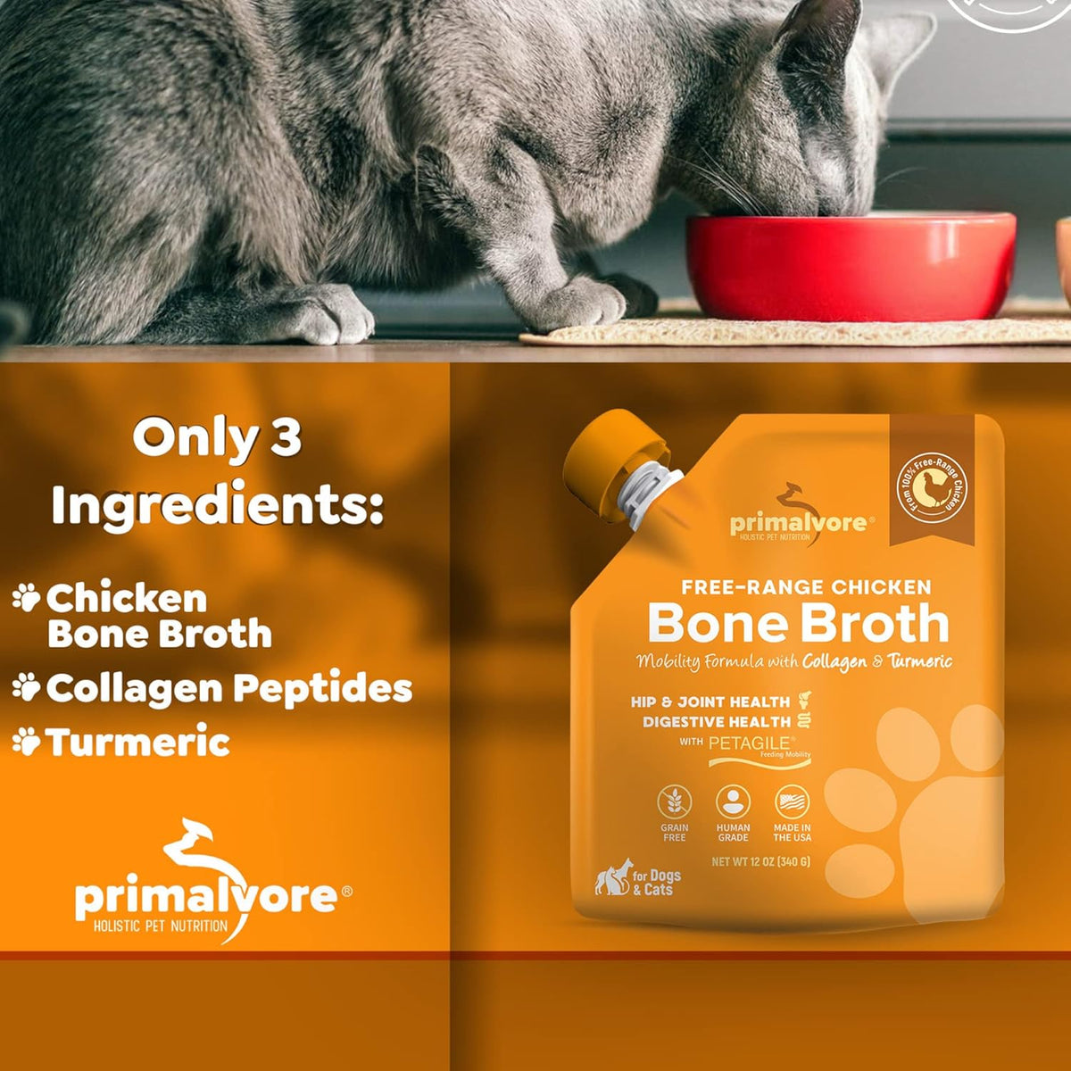 Two pouches of Primalvore free range pet bone broth for hip and joint support