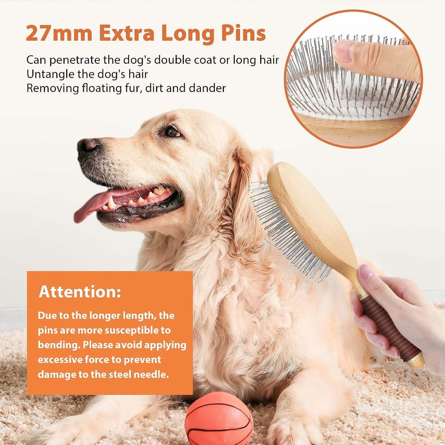 Groomage long hair pet grooming brush showing the premium beech wood base and brown rubber grip.