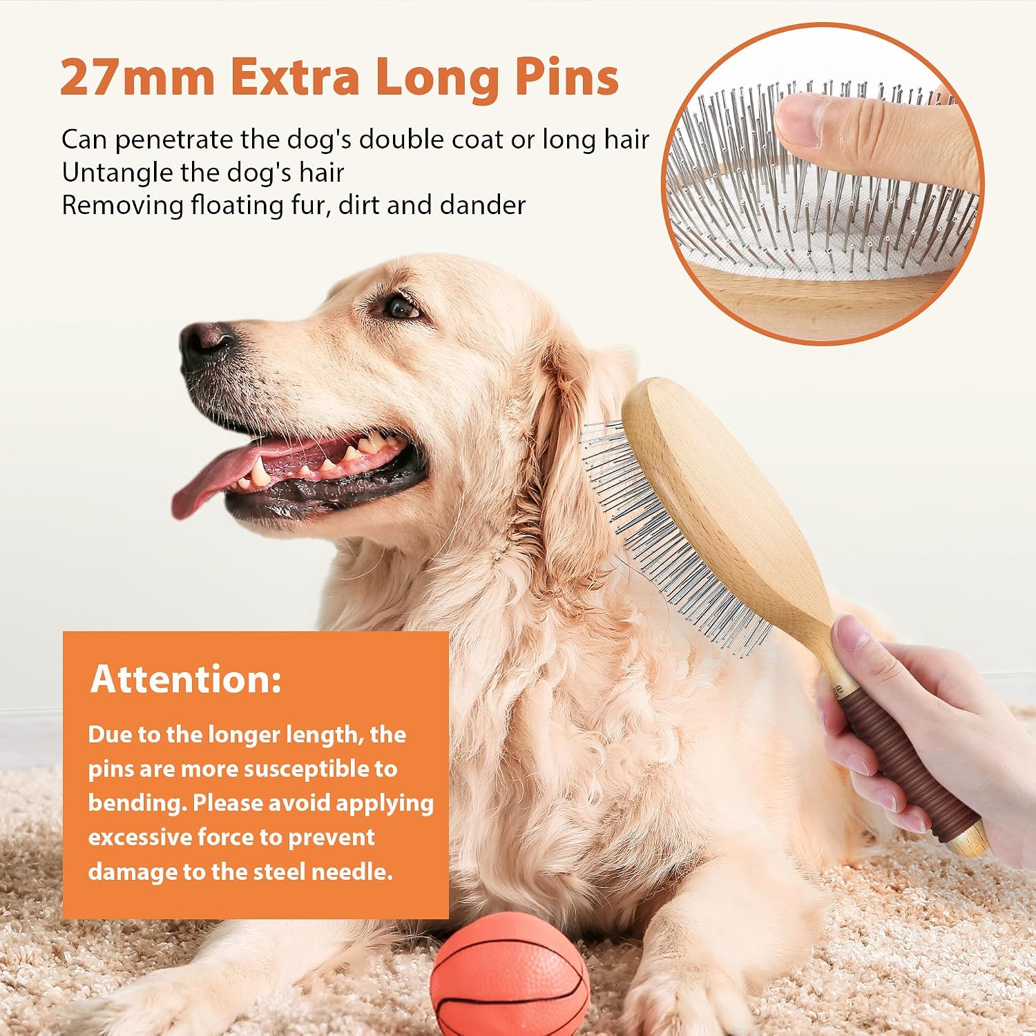 Groomage long hair pet grooming brush showing the premium beech wood base and brown rubber grip.