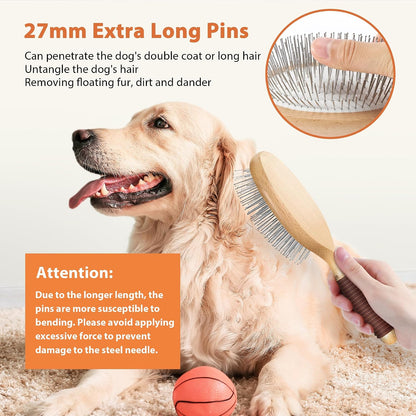 Groomage long hair pet grooming brush showing the premium beech wood base and brown rubber grip.