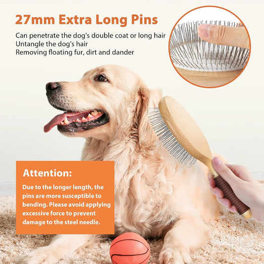 Groomage long hair pet grooming brush showing the premium beech wood base and brown rubber grip.