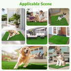 Person cleaning reusable dog grass mat with a hose