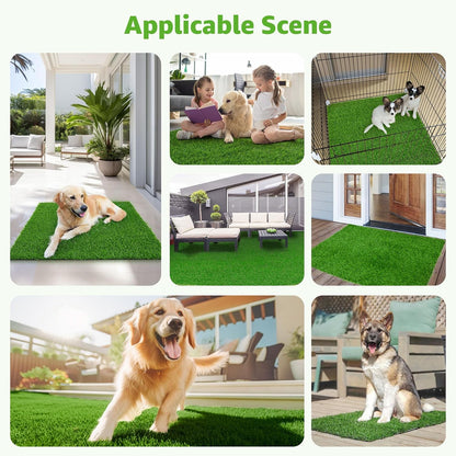 Person cleaning reusable dog grass mat with a hose