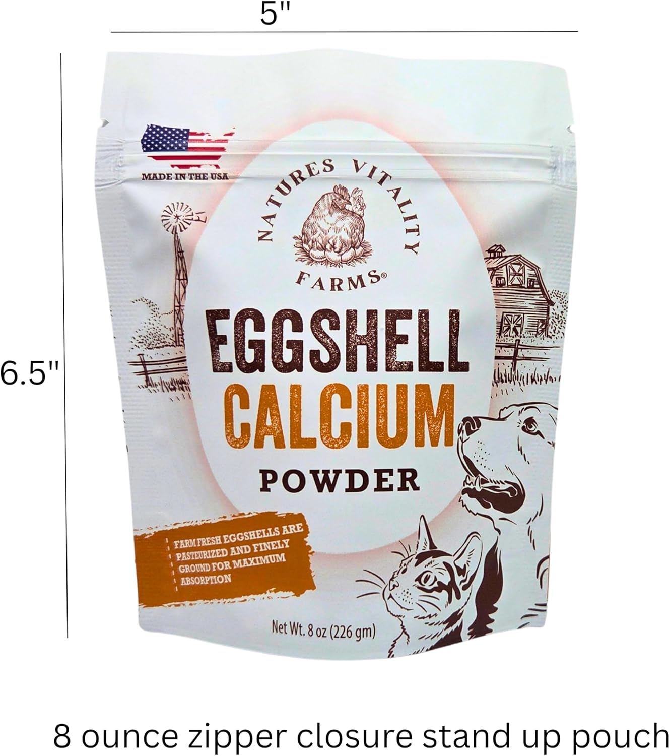 Close up of 8 ounce container of US sourced eggshell calcium