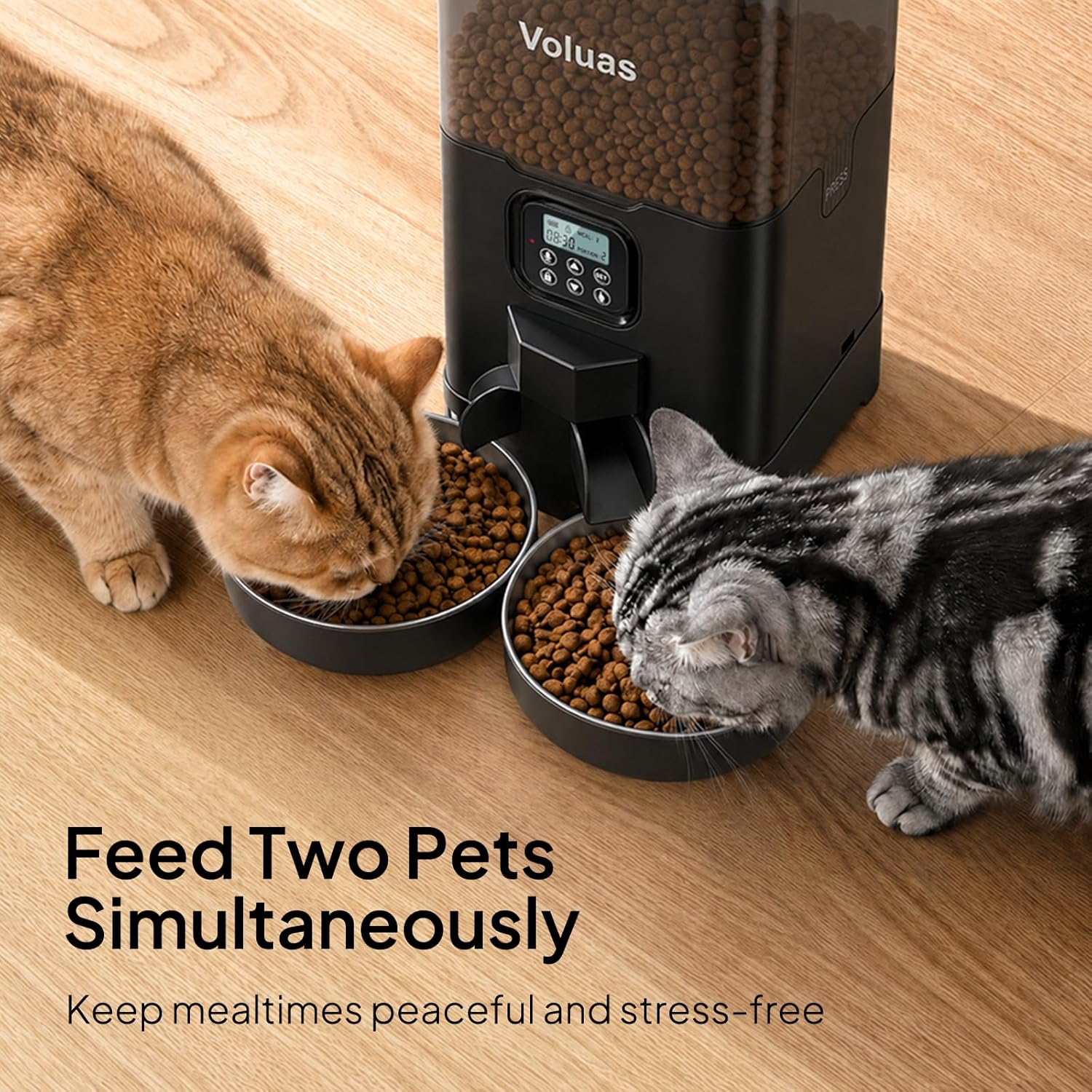 Voluas programmable pet feeder with two bowls showcasing the digital clock and buttons