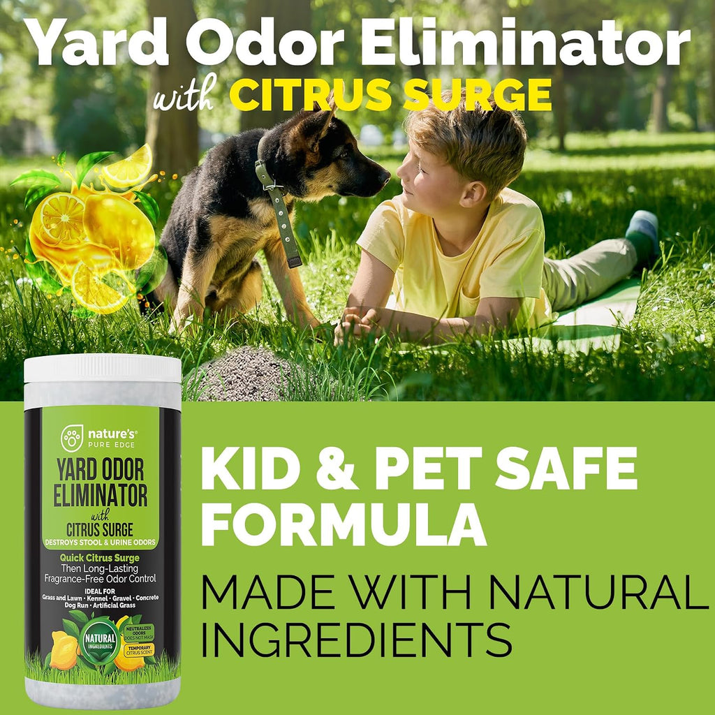 Pet safe yard deodorizer application on a concrete patio border for fresh outdoor spaces.