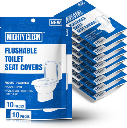 Mighty Clean flushable toilet seat covers front view pack of one hundred pieces
