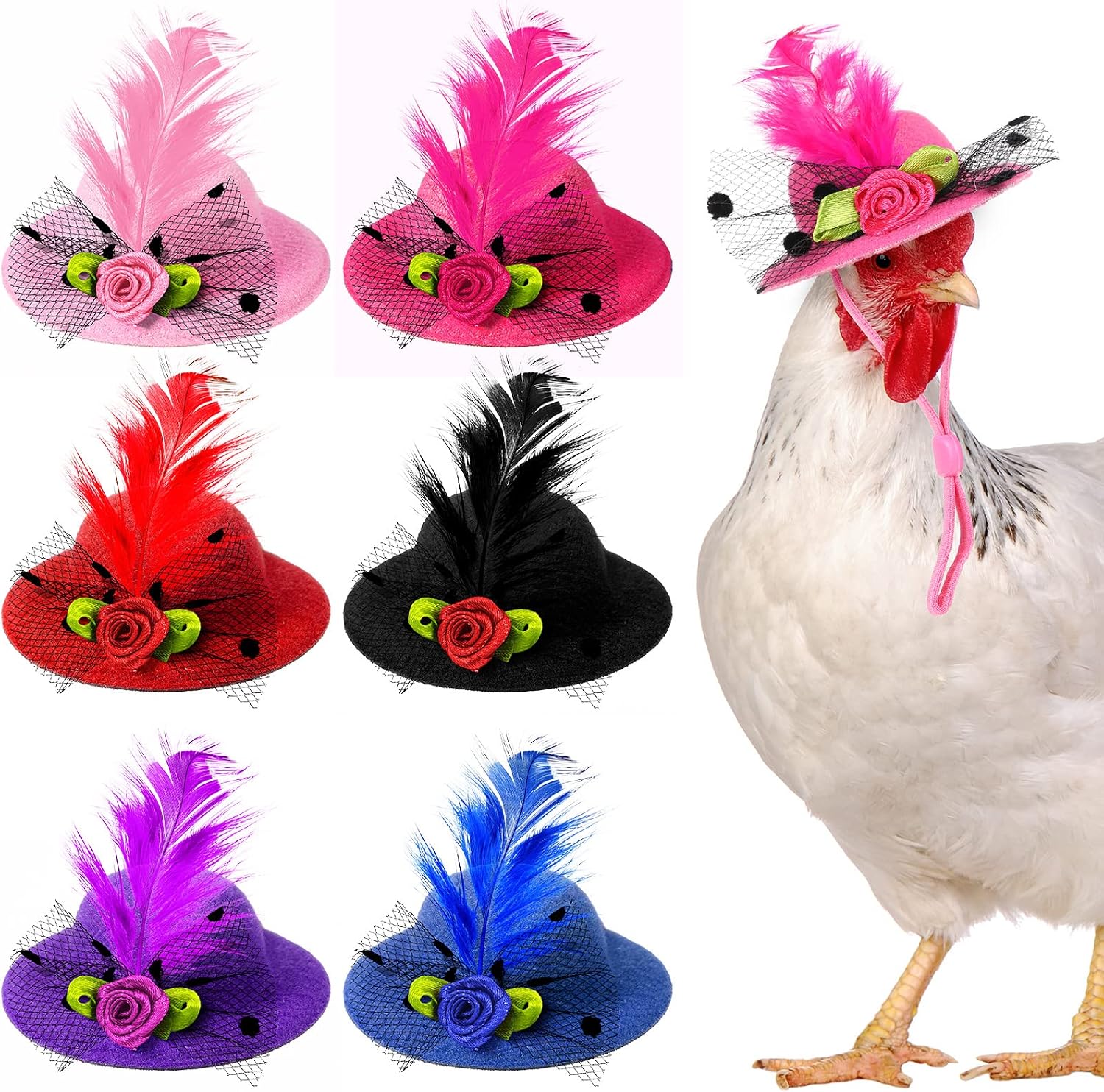 Weewooday 6 Pieces Chicken Hats front view of hens wearing colorful mini costume accessories.