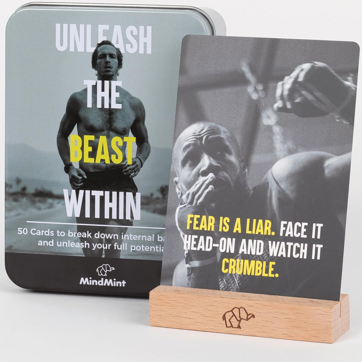 MindMint motivational affirmation cards for men front view in tin box