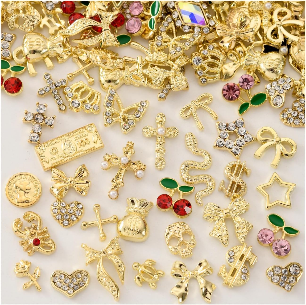 Opmadm gold nail charms and gems front view