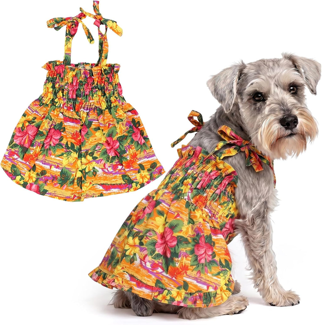 Parisian Pet Hawaiian Dog Dress front view showcasing the bright orange tropical floral print