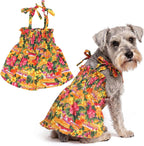 Parisian Pet Hawaiian Dog Dress front view showcasing the bright orange tropical floral print