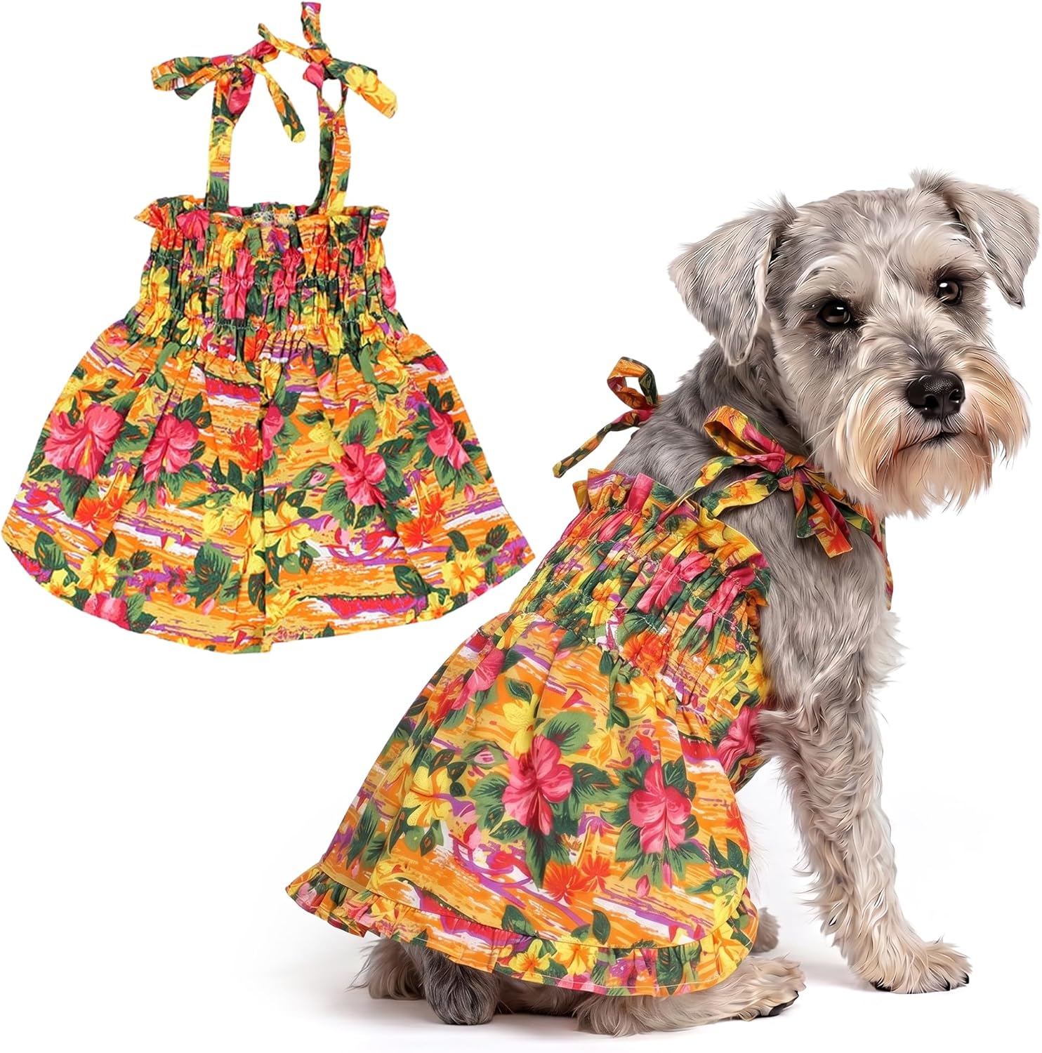 Parisian Pet Hawaiian Dog Dress front view showcasing the bright orange tropical floral print