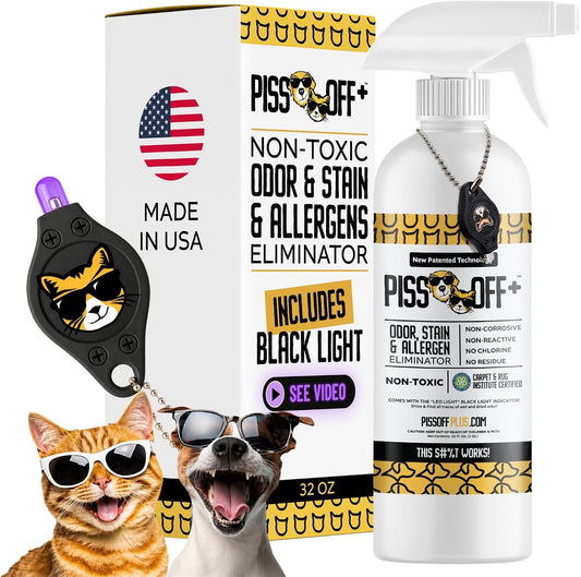 Piss Off All Purpose Stain and Odor Remover 32 Ounce front view bottle with black light