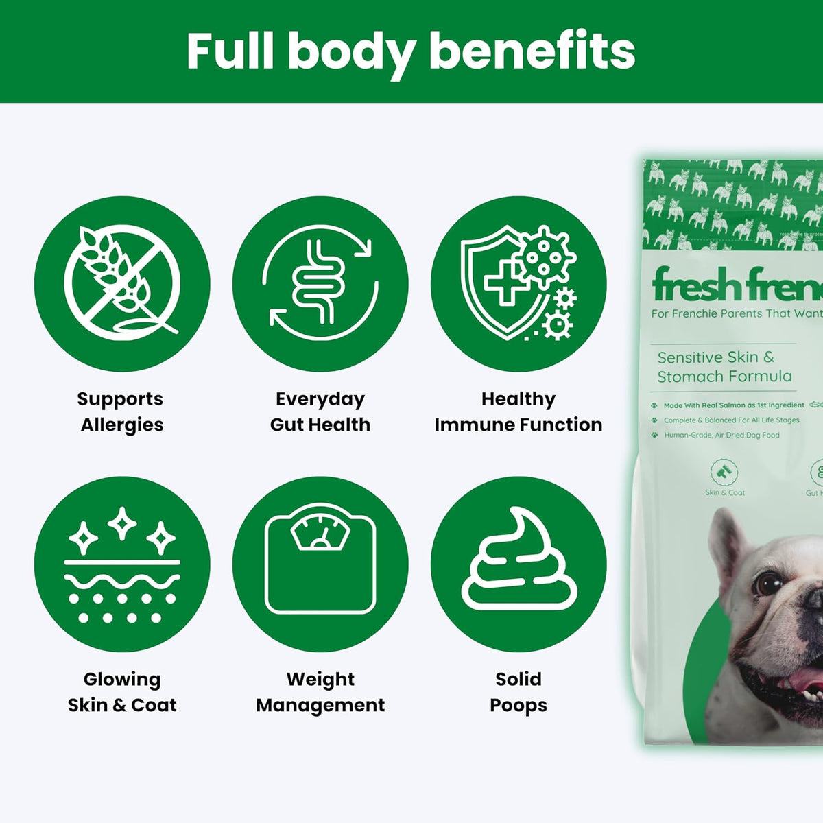 Fresh Frenchie grain free air dried pet food showing close up of the scoopable nutrient rich kibble texture