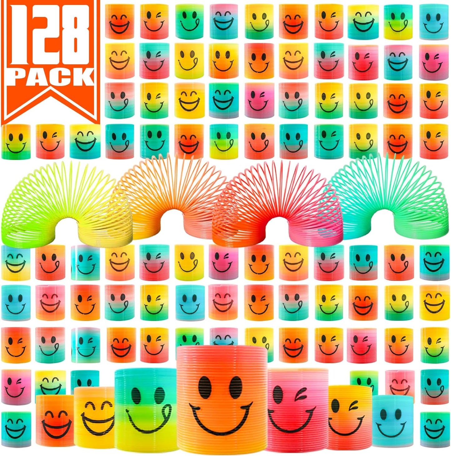 Cocurb 128 Pieces Mini Spring Party Favors front view showing colorful assortment of smiley face plastic coil toys.