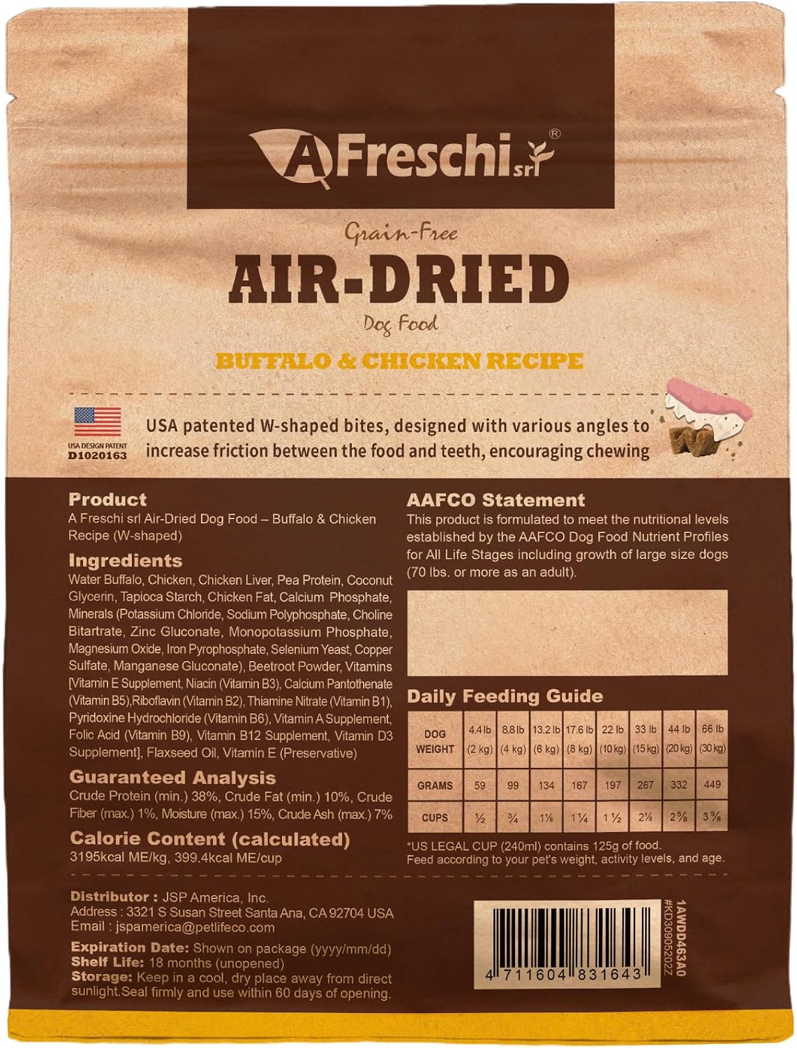A Freschi srl premium water buffalo alternative raw diet dog food packaging overview