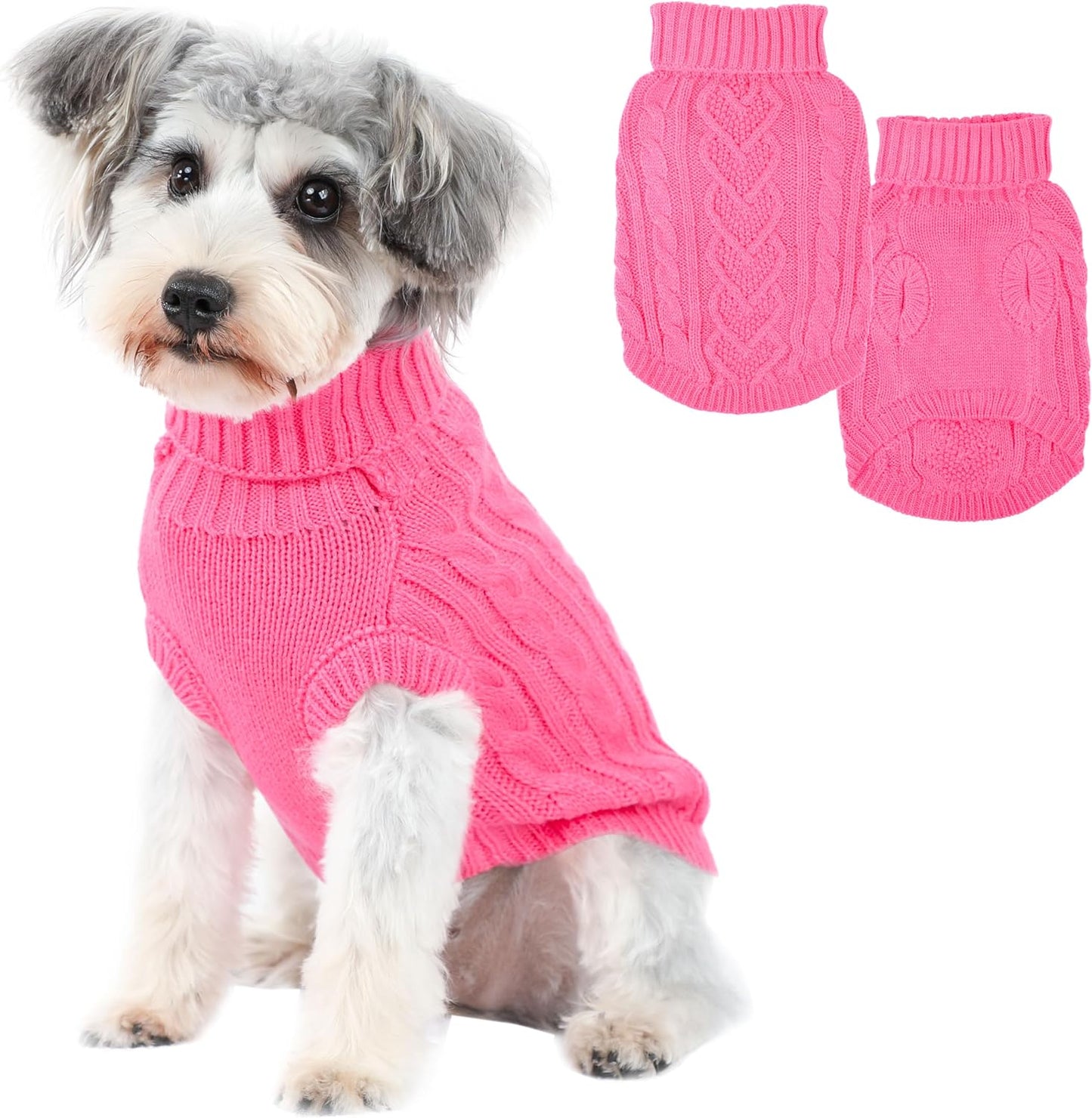 Puppishy rose pink knitted kitten sweater packaging and size view