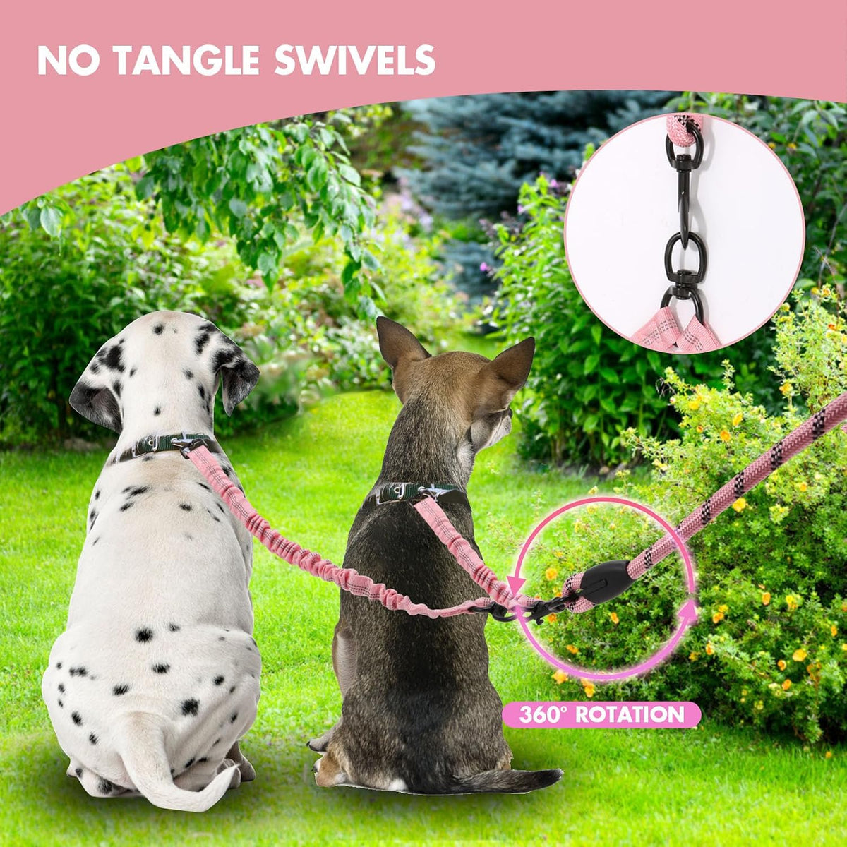 BAOBOTE pink double dog coupler showing the three hundred and sixty degree swivel mechanism
