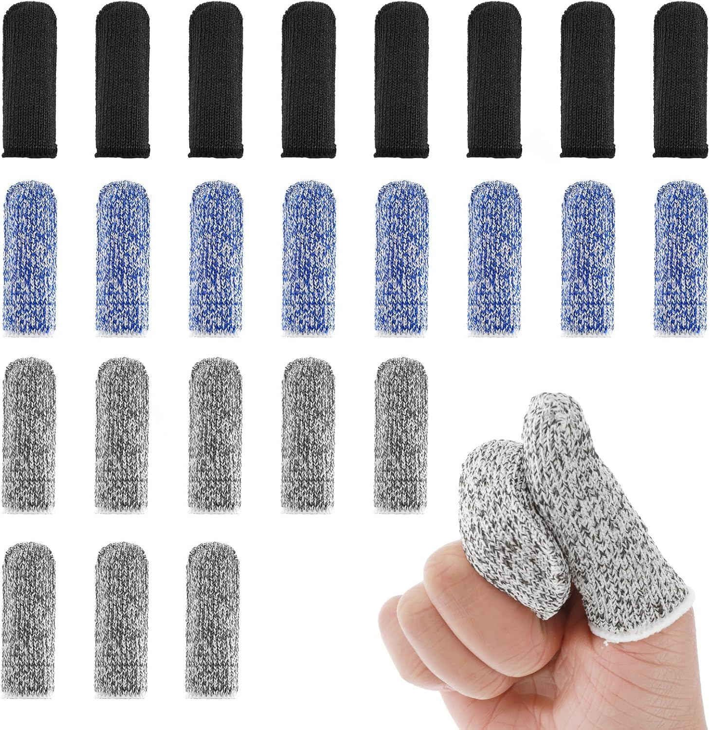 Ouligay 24 piece cut resistant finger cots pack front view showing black grey and blue protective sleeves