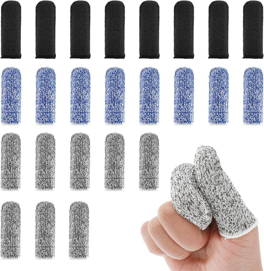 Ouligay 24 piece cut resistant finger cots pack front view showing black grey and blue protective sleeves
