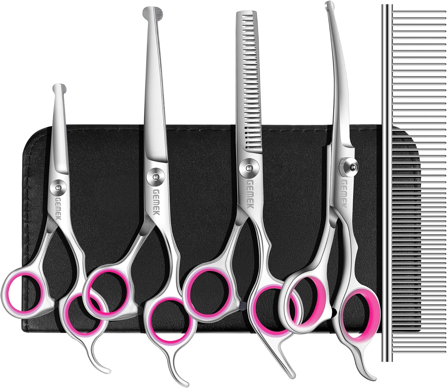 Dog Grooming Scissors with Safety Round Tips Stainless Steel Professional Dog Grooming Kit - Thinning, Curved Scissors and Comb for Cat Pet (Pink 4 in 1) - Image 11