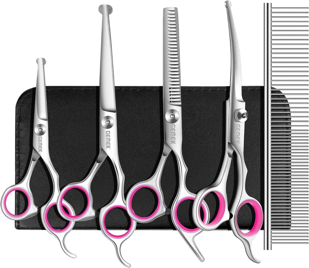 Dog Grooming Scissors with Safety Round Tips Stainless Steel Professional Dog Grooming Kit - Thinning, Curved Scissors and Comb for Cat Pet (Pink 4 in 1) - Image 11