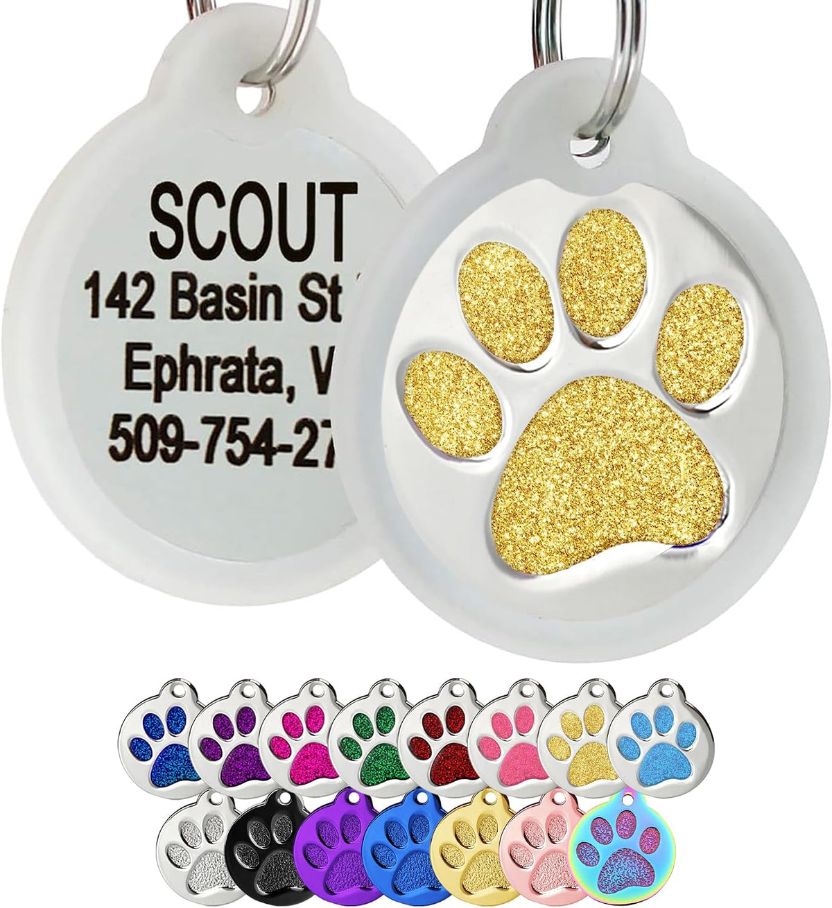 Close up look at the high quality engraving text on a personalized steel pet tag.